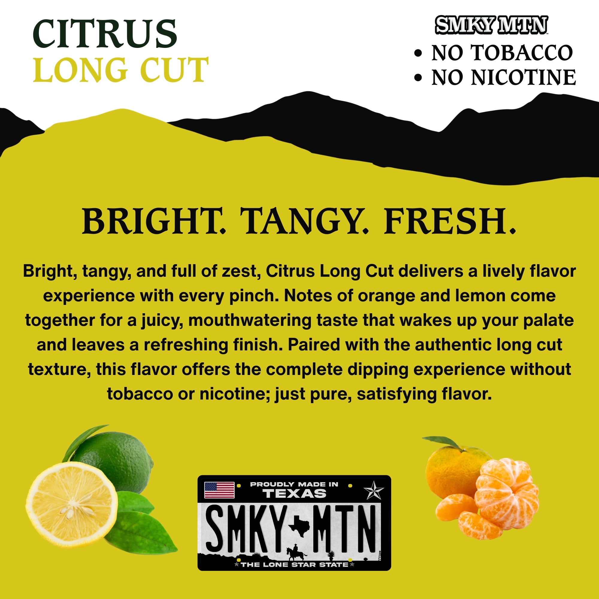 Advertisement for Citrus Long Cut with lemon and lime graphics and Smokey Mountain branding.