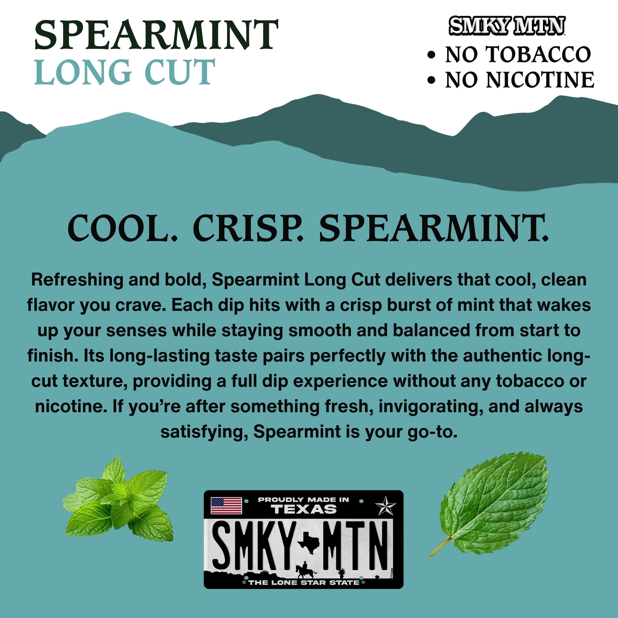 Spearmint Long Cut product description with mint leaves and Smky MTN branding on a blue background.
