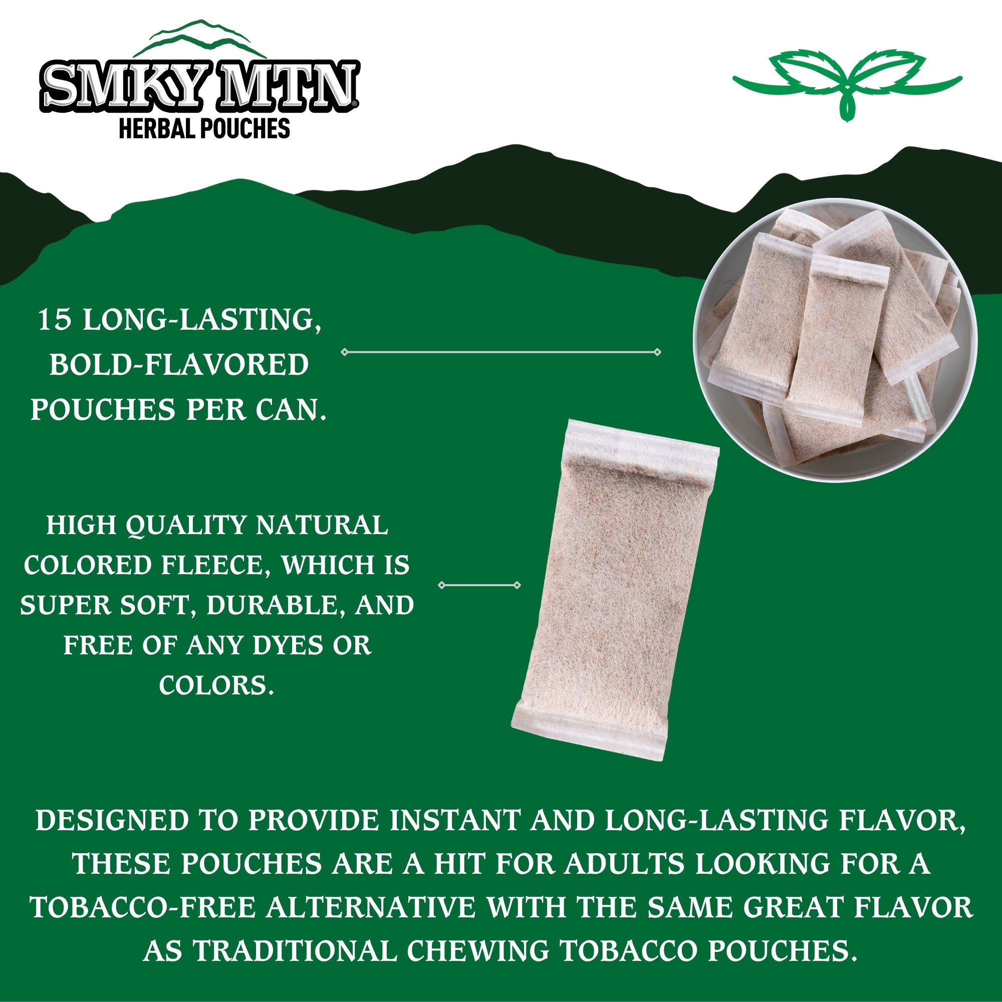 Advertisement for Smokey MTN herbal pouches with text and product image on a green background.