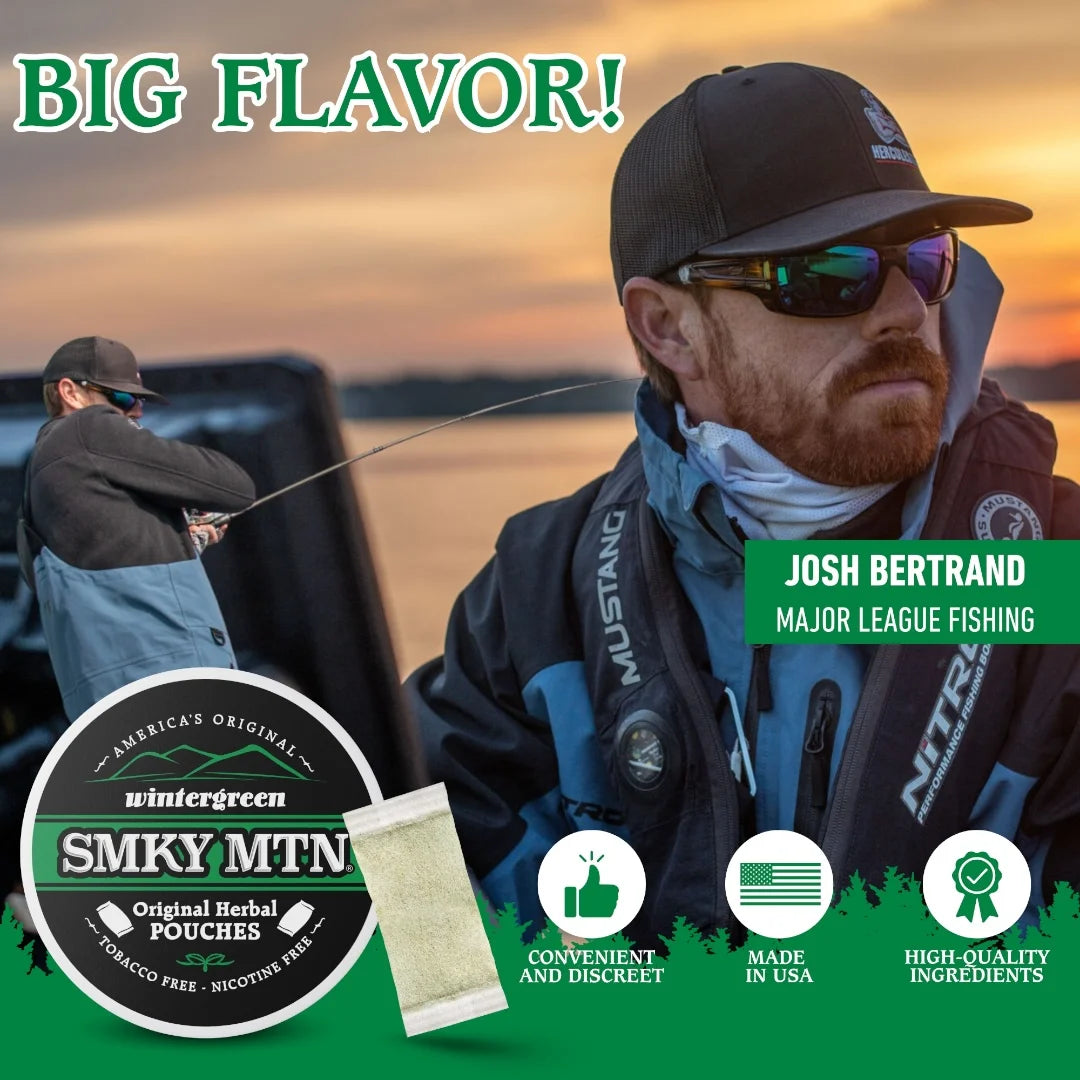 Fishing advertisement featuring a man with sunglasses and a cap, with text and product branding.