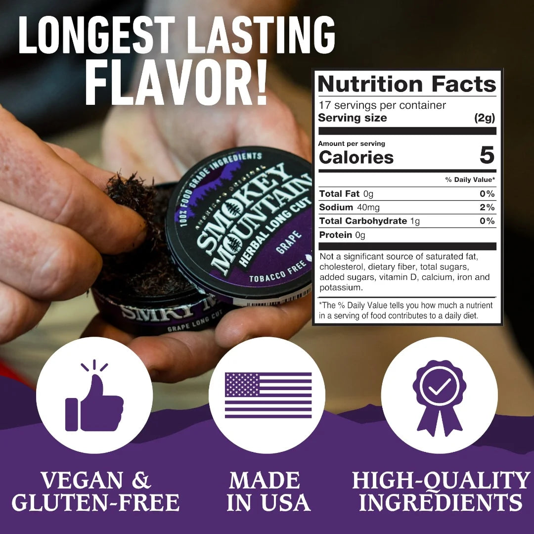 Hand holding Smoky Mountain Herbals product with nutrition facts label and feature icons on a purple background.