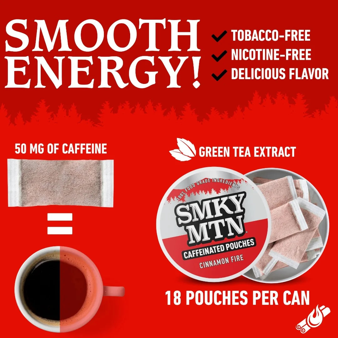 Advertisement for Smokey MTN caffeinated pouches with text about smooth energy, caffeine content, and green tea extract.