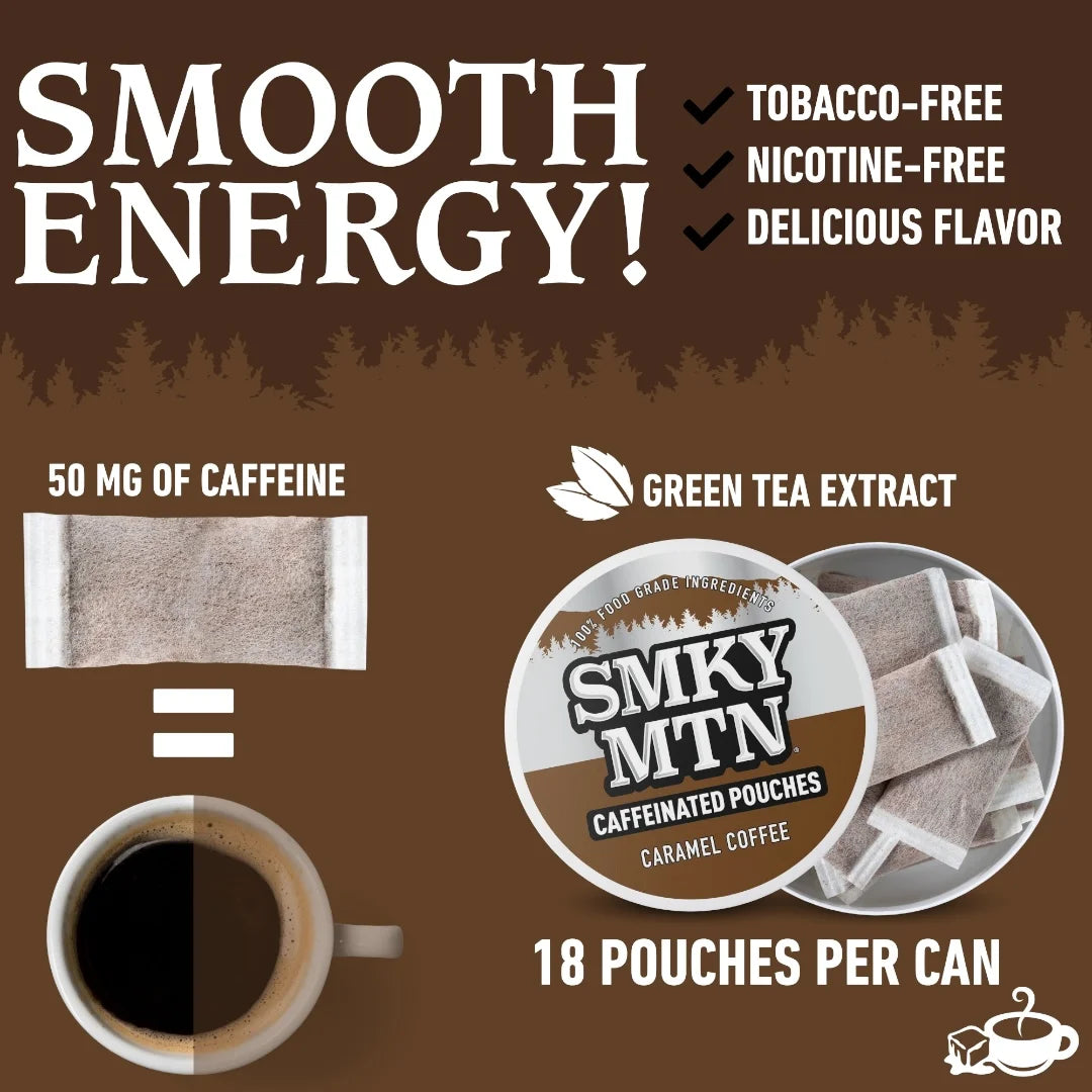 Advertisement for Smokey MTN caffeinated pouches with text about smooth energy, caffeine content, and green tea extract.