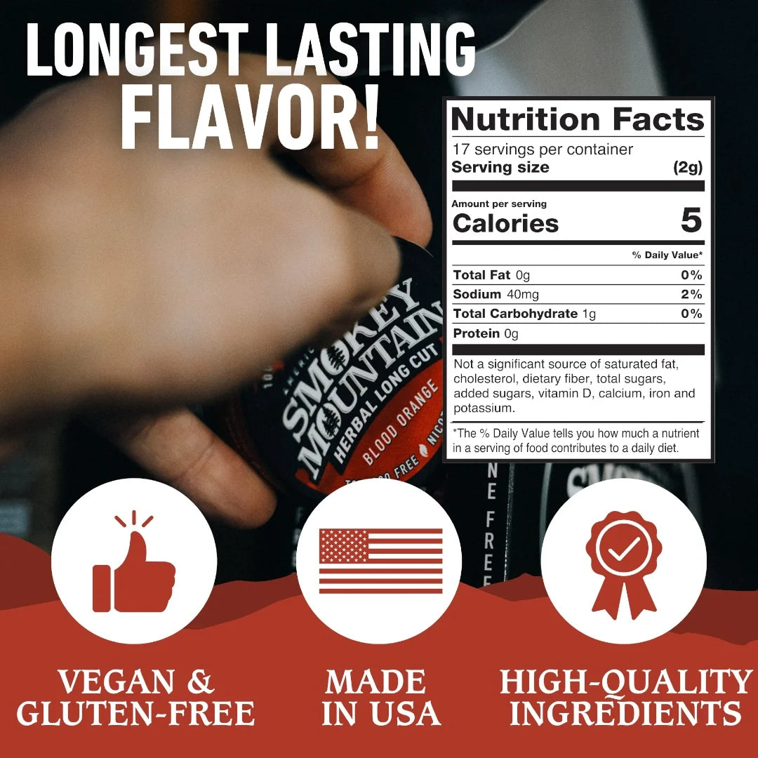 Hand holding a package of Smoky Mountain Meats with nutrition facts label, icons, and text about product features.