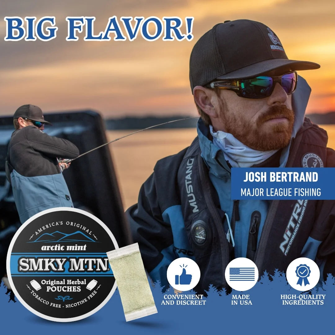 Fishing advertisement featuring Josh Bertrand with product packaging and branding elements.