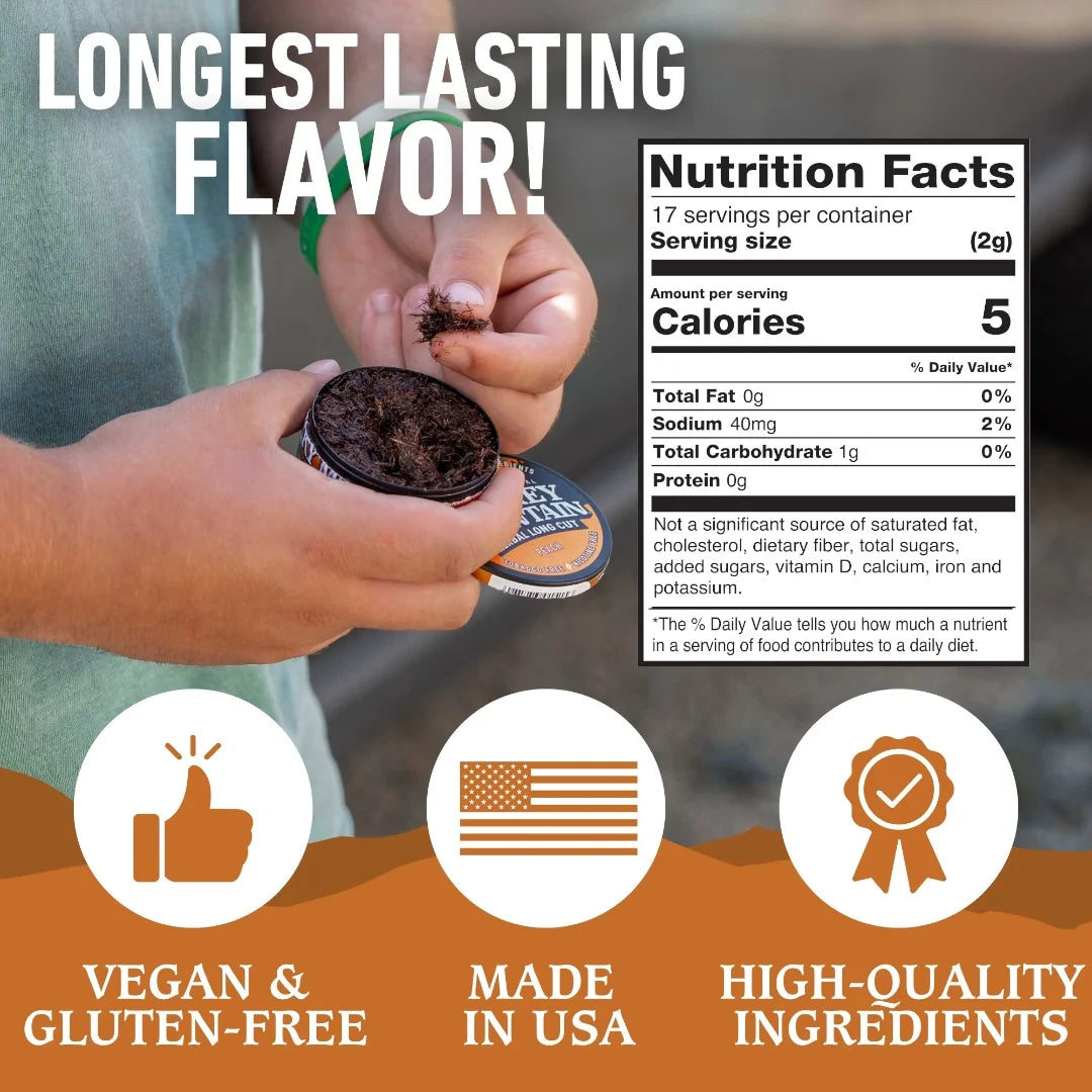 Product packaging with hands holding a container, nutrition facts label, and promotional text about flavor, vegan/gluten-free status, and quality.