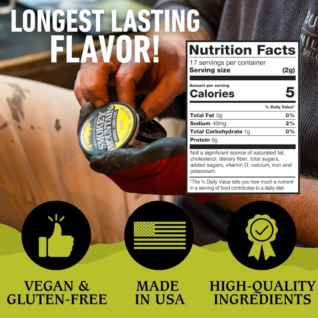 Person holding a container of Smokey Mountain Dill Pickle Spread with nutrition facts and product features displayed.