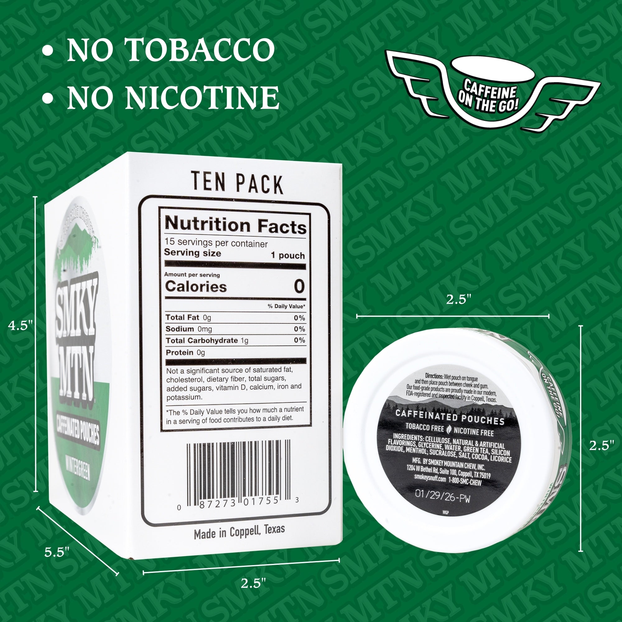 Caffeine product packaging with dimensions and branding on a green background