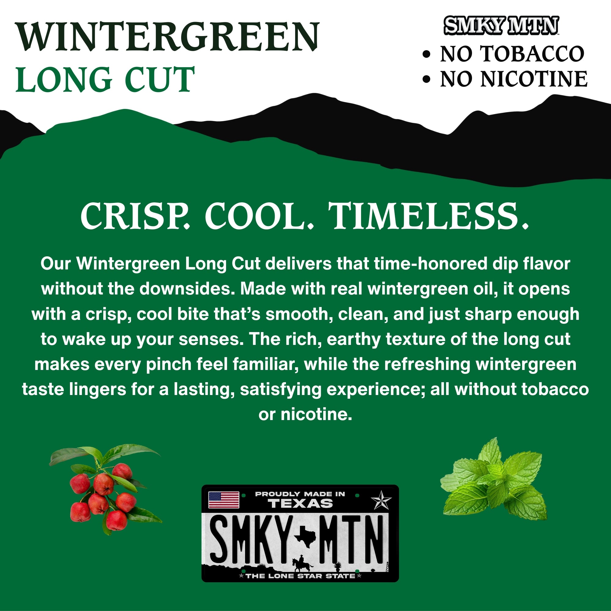 Advertisement for Smokey Mountain Wintergreen Long Cut with text and branding elements.