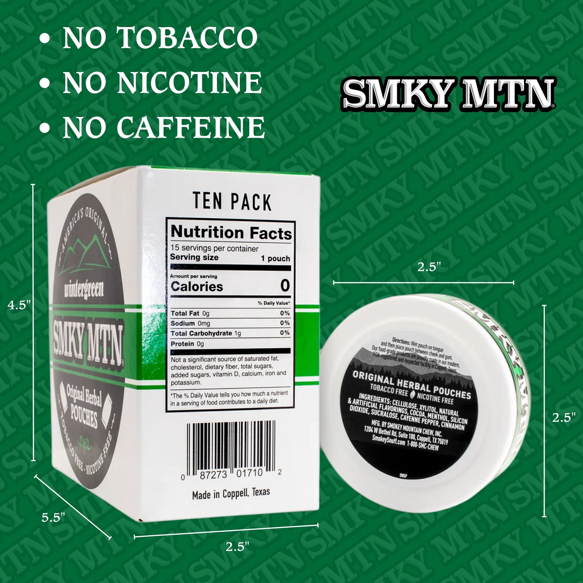 SMKY MTN product packaging with dimensions on a green background