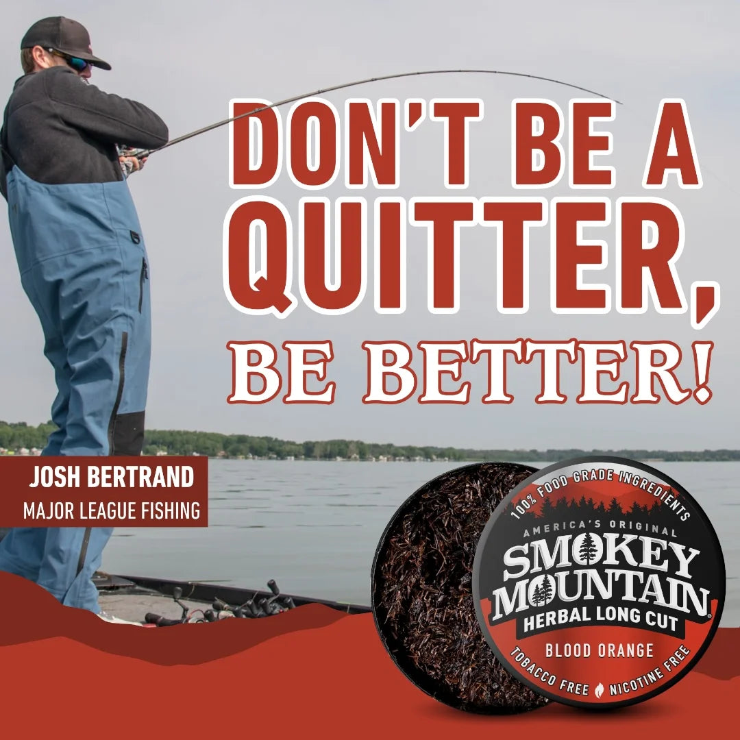 Book cover with a person fishing, text 'Don't be a Quitter, Be Better!' and Smokey Mountain Cigars logo.