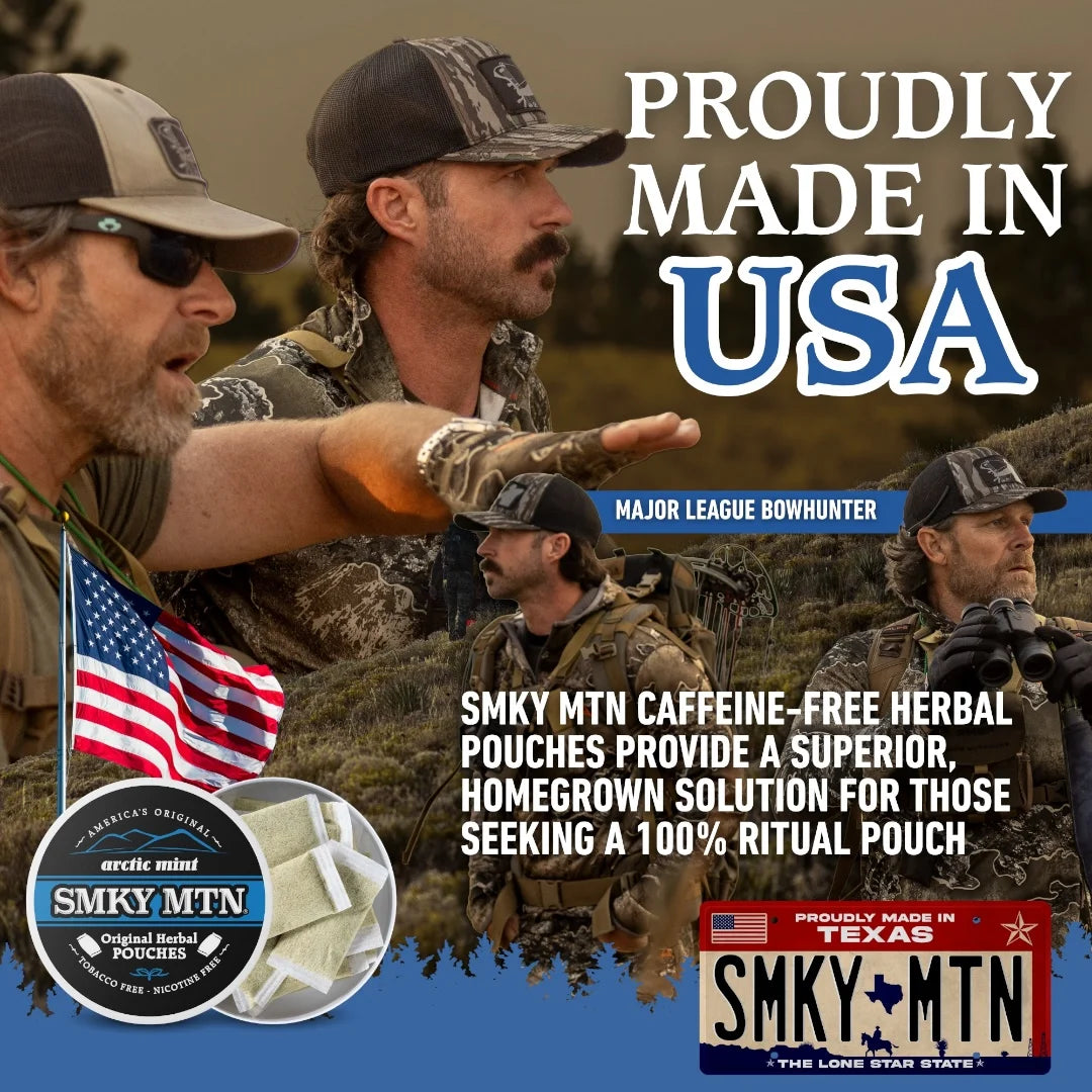 Advertisement featuring men in camouflage with text 'Proudly Made in USA' and promotional content for SMKY MTN products.