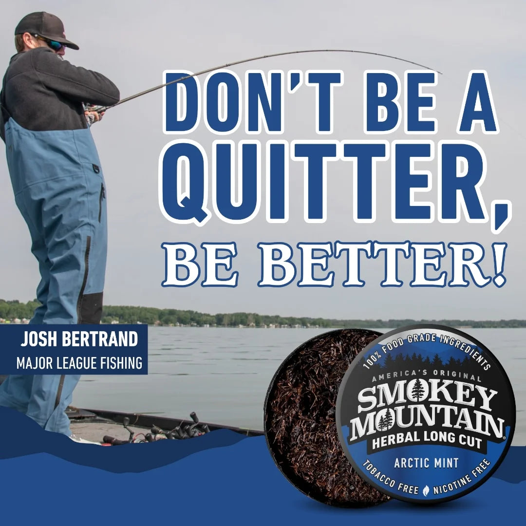 Person fishing with motivational text and Smokey Mountain product in the corner