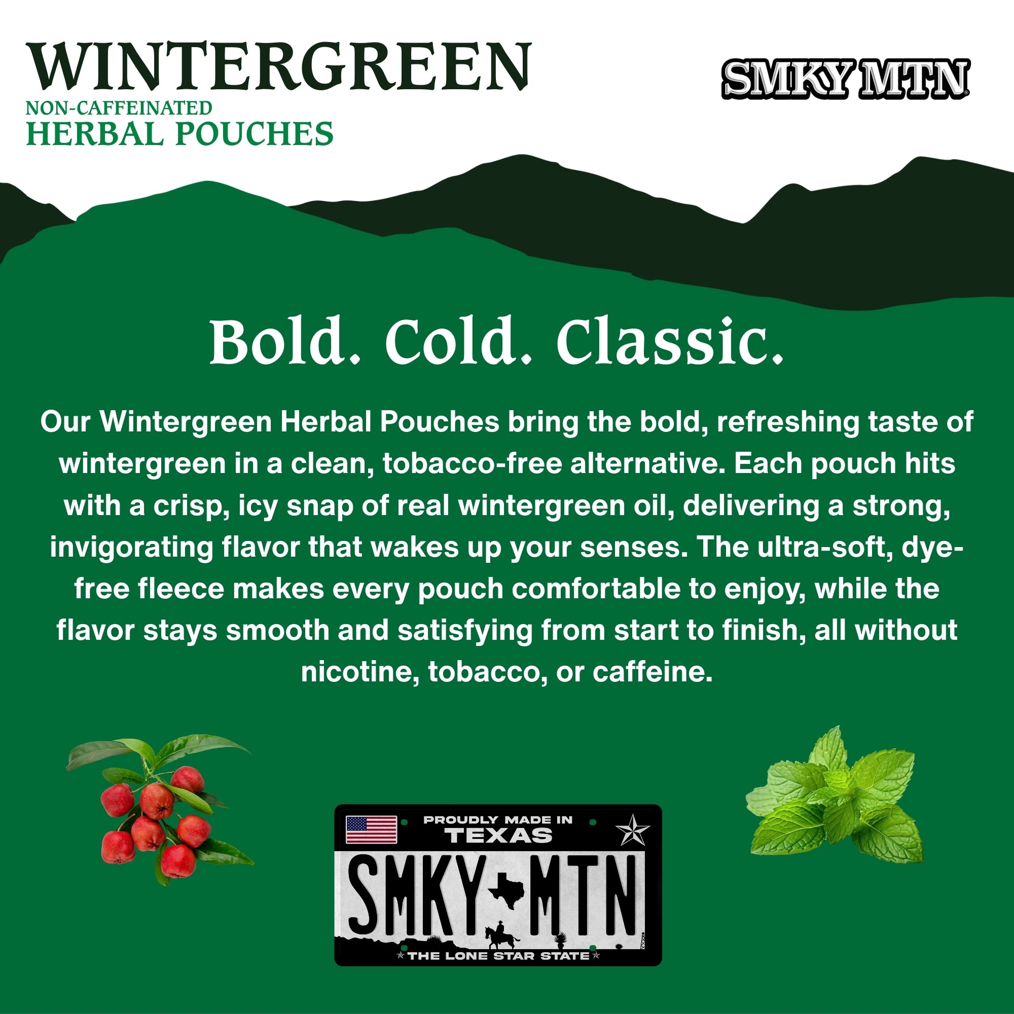 Advertisement for Smokey Mountain Wintergreen Herbal Pouches with text and branding elements on a green background.