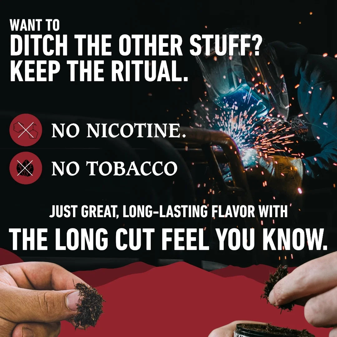 Advertisement with hands holding a product and text about nicotine and tobacco alternatives.