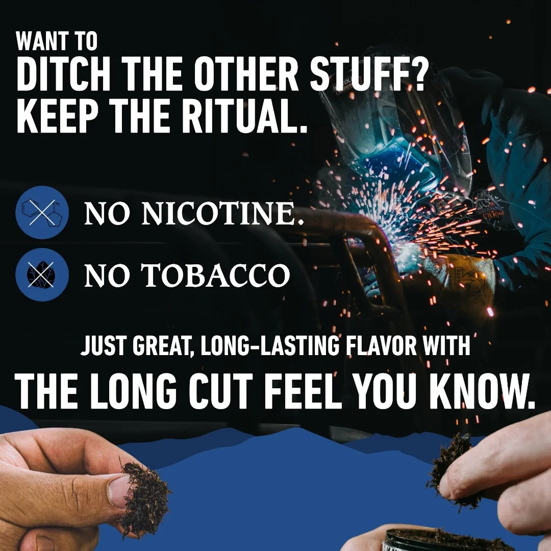 Advertisement for a product with text about nicotine and tobacco, featuring hands holding smoking materials.