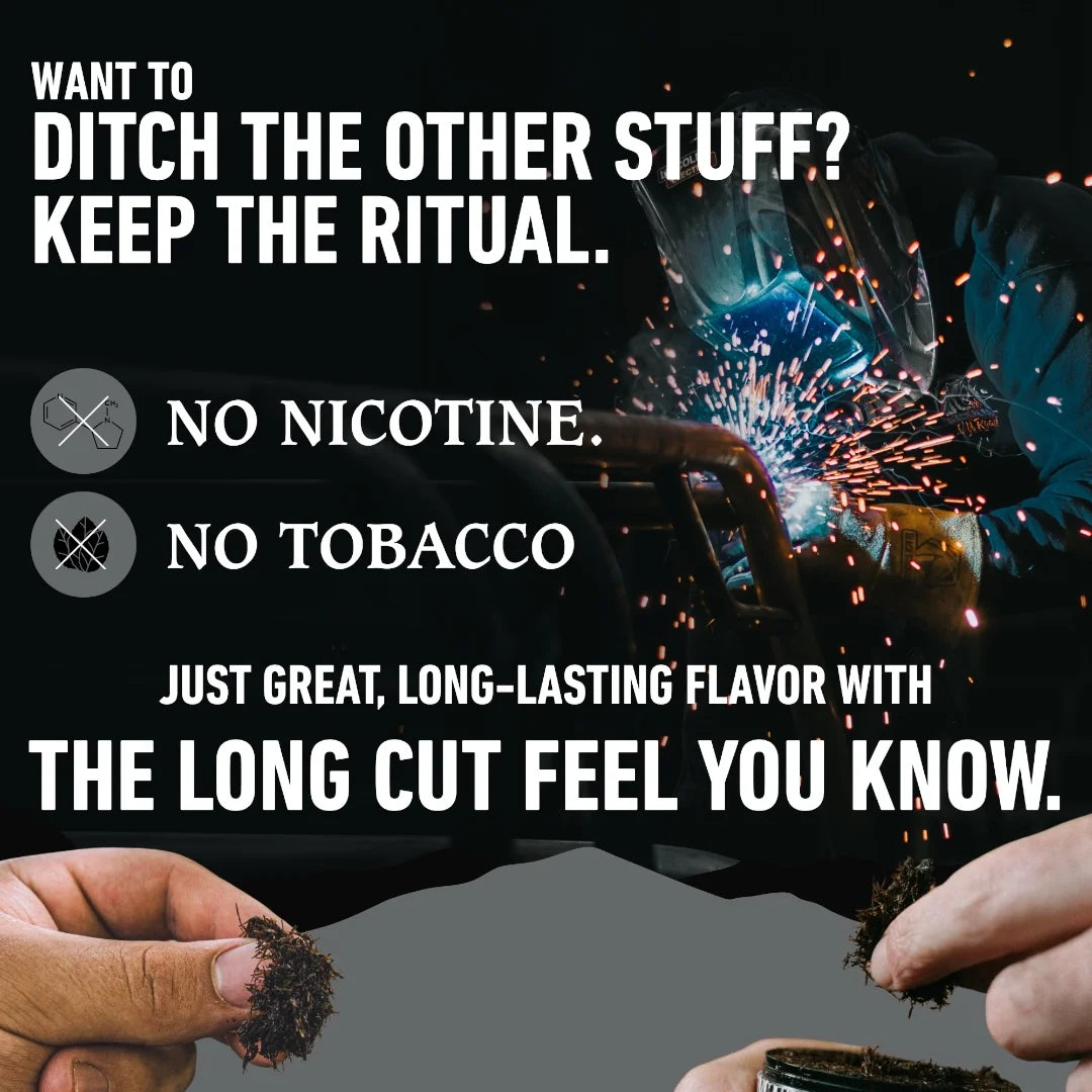 Advertisement for a product with text about nicotine and tobacco, featuring hands holding smoking materials.