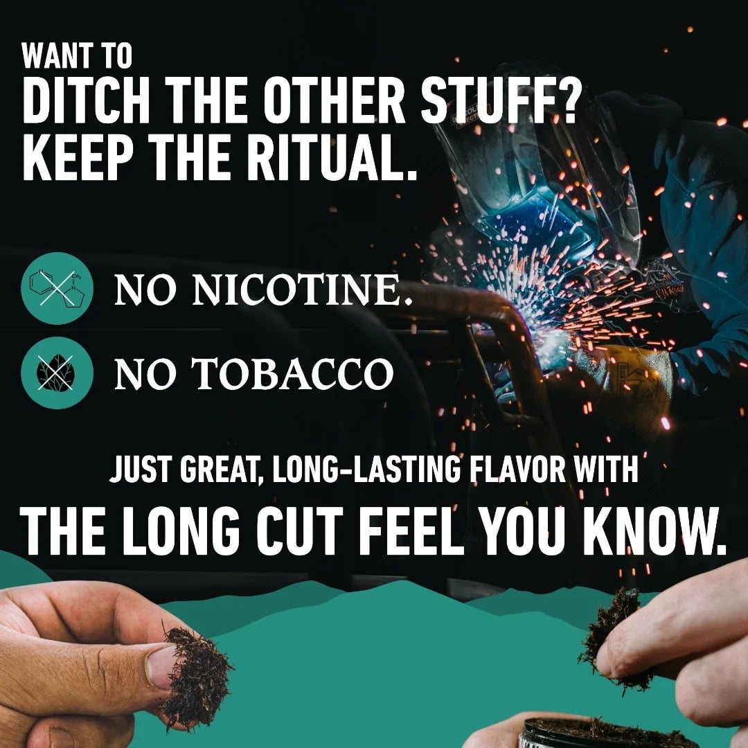 Advertisement for a product with hands holding smoking materials and text about nicotine and tobacco alternatives.