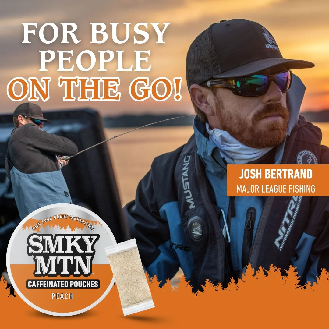 Man fishing with promotional text and Smoky Mountain Caffeinated Pouches on an orange background
