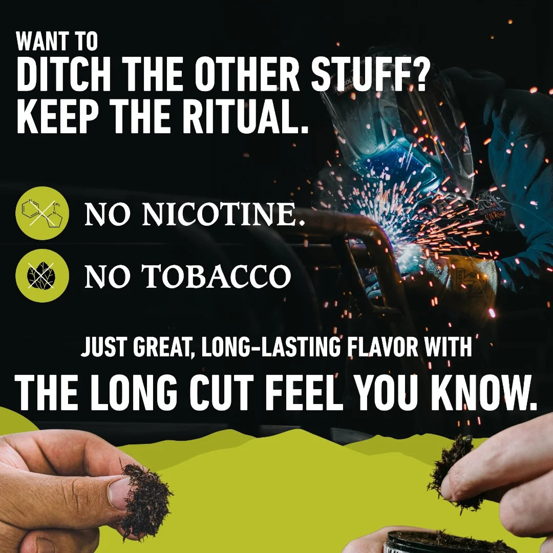Advertisement for a product with text about nicotine and tobacco, featuring hands holding leaves against a black and green background.