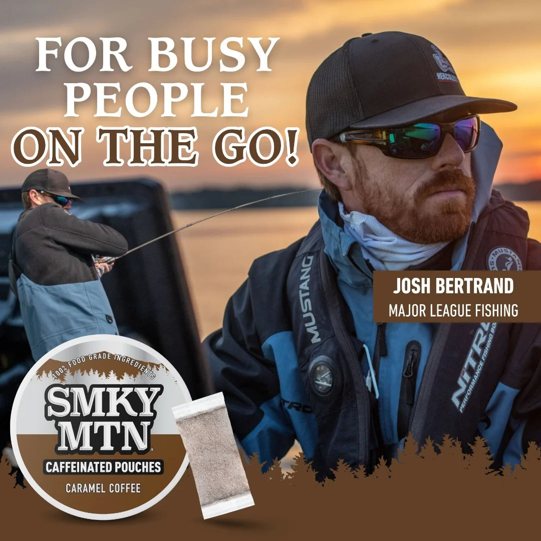 Fishing advertisement featuring a man on the go with text and Smoky Mountain Coffee branding.