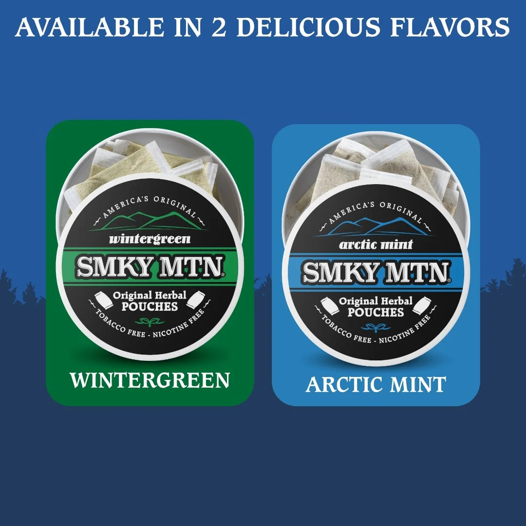 Two containers of Smky MTN Original Herbal Pouches, one wintergreen and one arctic mint, on a blue background.