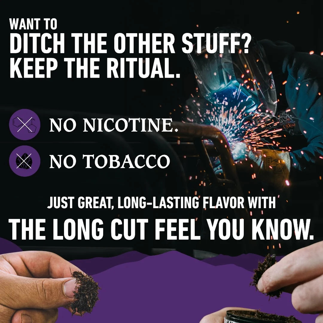 Advertisement with hands holding smoking materials and text about nicotine and tobacco alternatives.