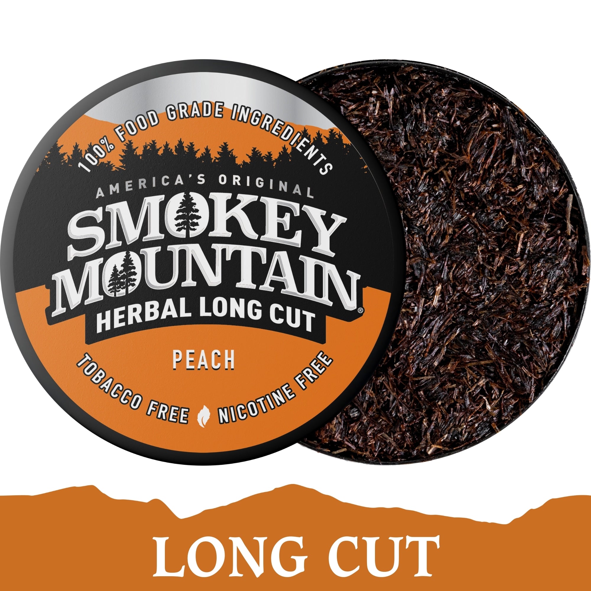 Smokey Mountain Herbal Long Cut Peach tobacco product with packaging on a white background