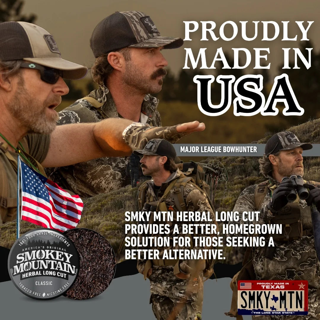 Major League Bowhunter in camouflage gear with an American flag, text 'Proudly Made in USA', and Smokey Mountain product display.