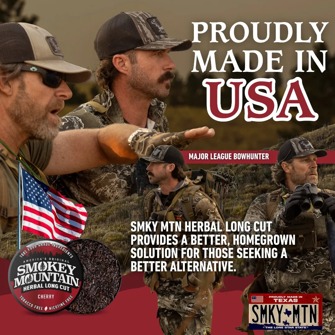 Group of men in camouflage with text 'Proudly Made in USA' and Smoky Mountain Herbal Long Cut product display.
