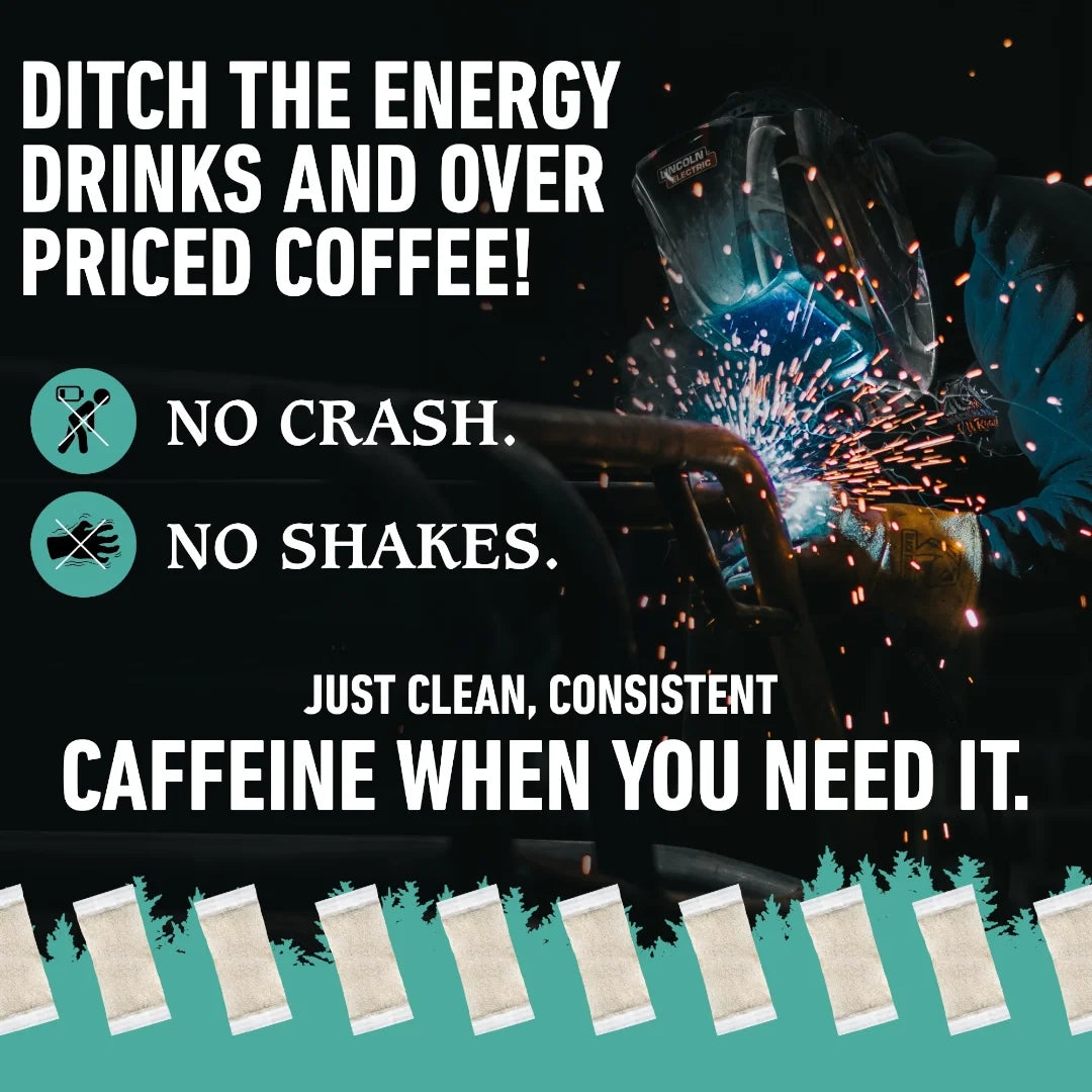 Advertisement for a caffeine product with text and images of coffee being brewed.