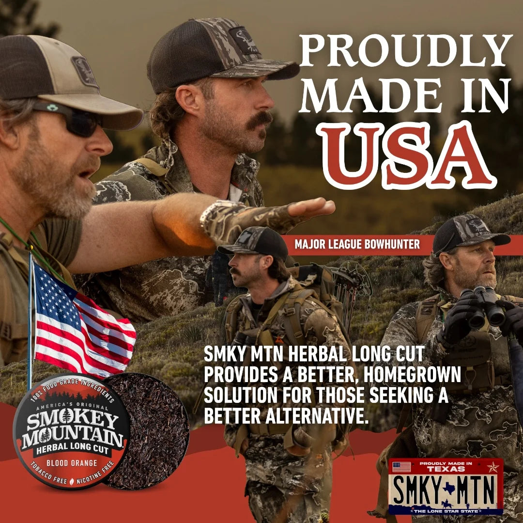 Advertisement featuring men in camouflage with text 'Proudly Made in USA' and 'Smoky Mountain Herbal Long Cut'.