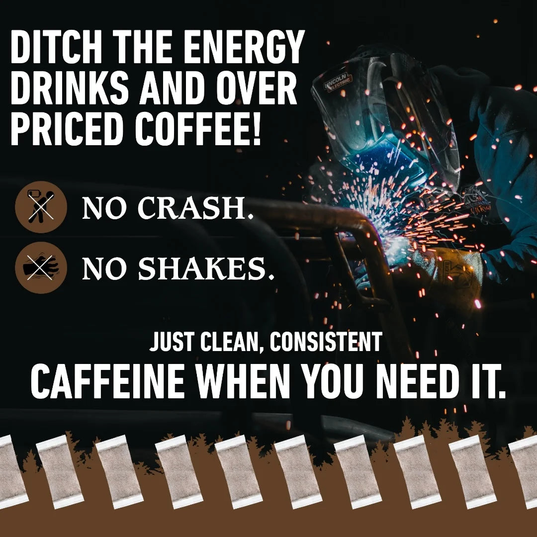 Advertisement for a caffeine product with text and images of a person welding.