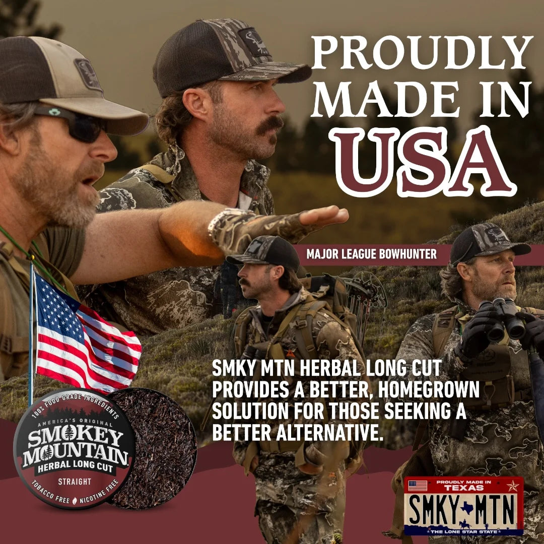 Group of men in camouflage with text 'Proudly Made in USA' and Smoky Mountain Herbal Long Cut product display.