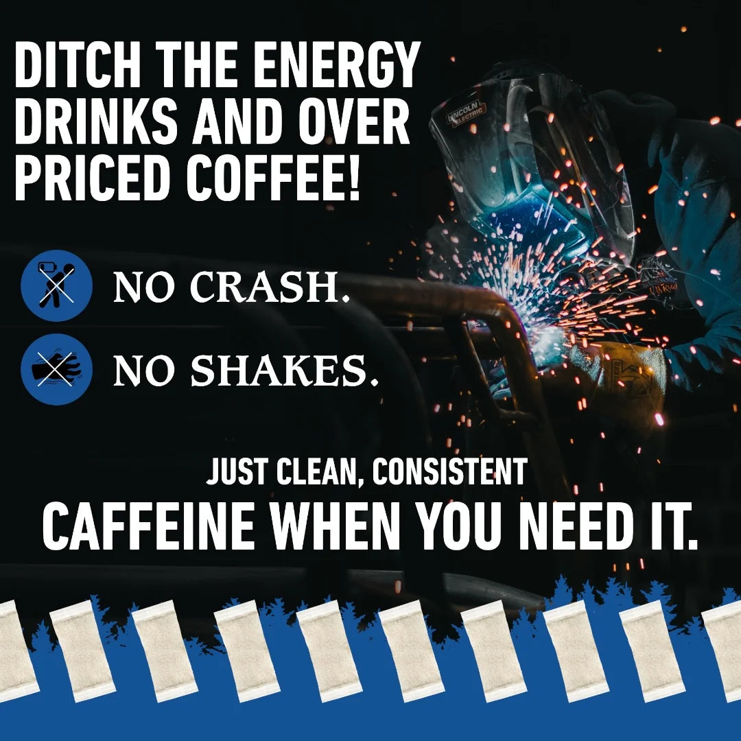 Advertisement for a caffeine product with text and images of a person welding.