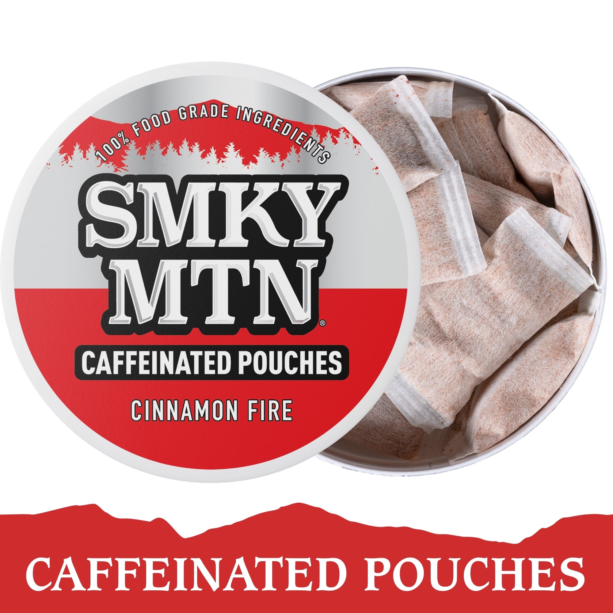Caffeinated pouches in a container with 'SMKY MTN' branding on a white background.