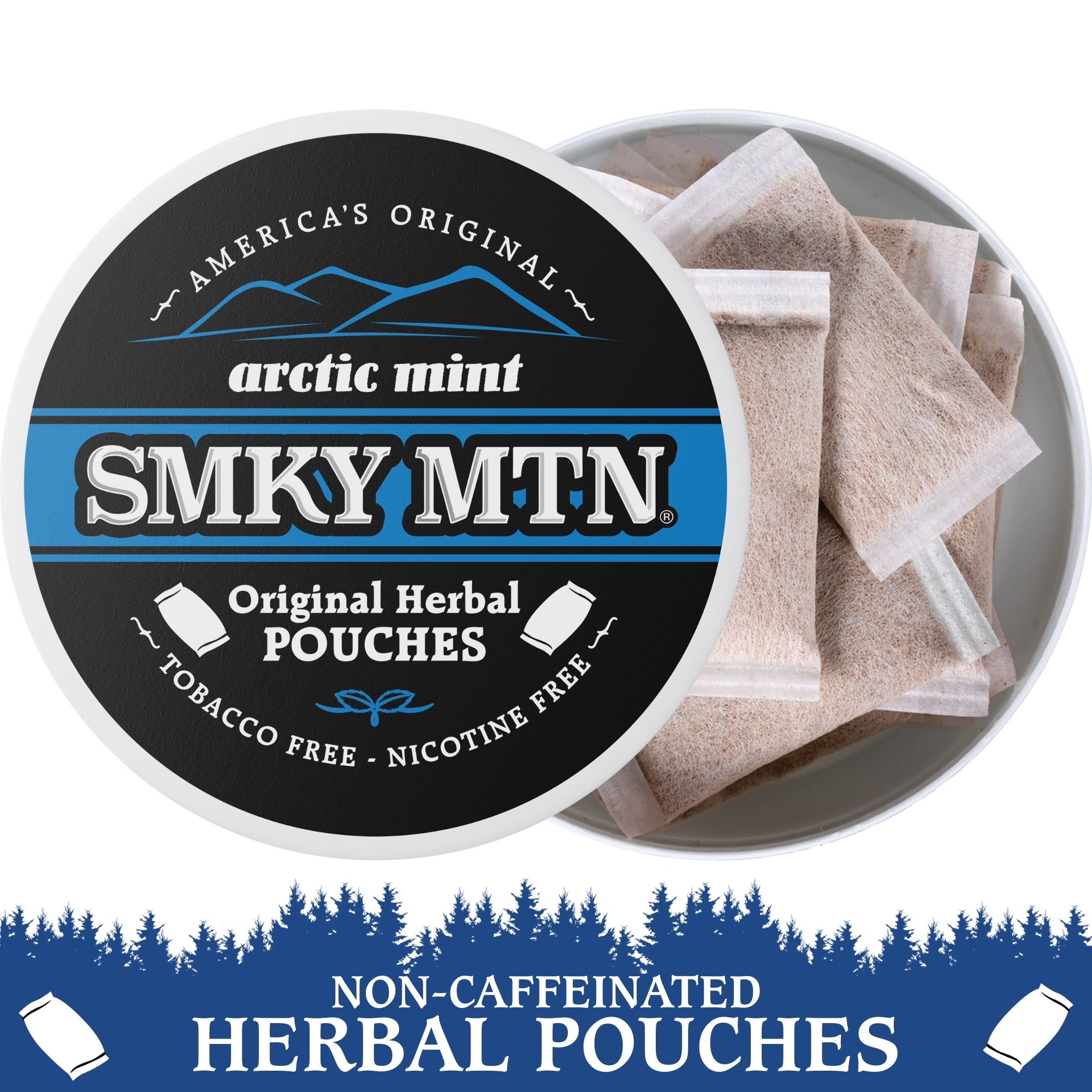 Smky MTN Arctic Mint herbal pouches with packaging on a white background