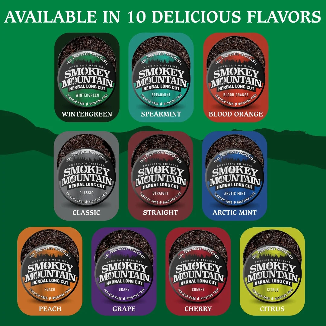 Smokey Mountain herbal long cut product packaging with 10 different flavor options on a green background.