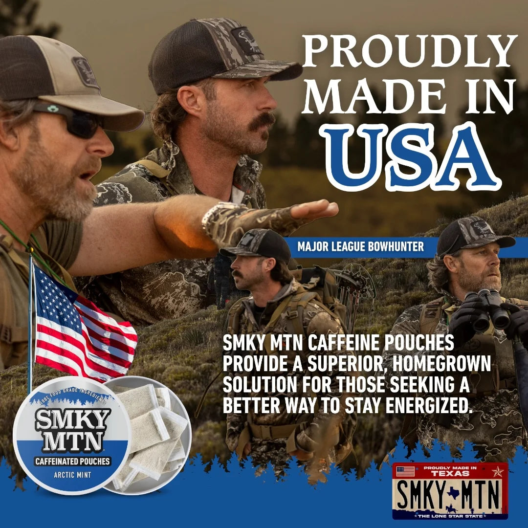 Advertisement featuring men in camouflage with text 'Proudly Made in USA' and 'SMKY MTN Caffeine Pouches'.