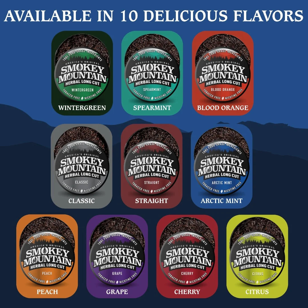 Smokey Mountain herbal long cut product packaging with 10 different flavor options on a blue background.