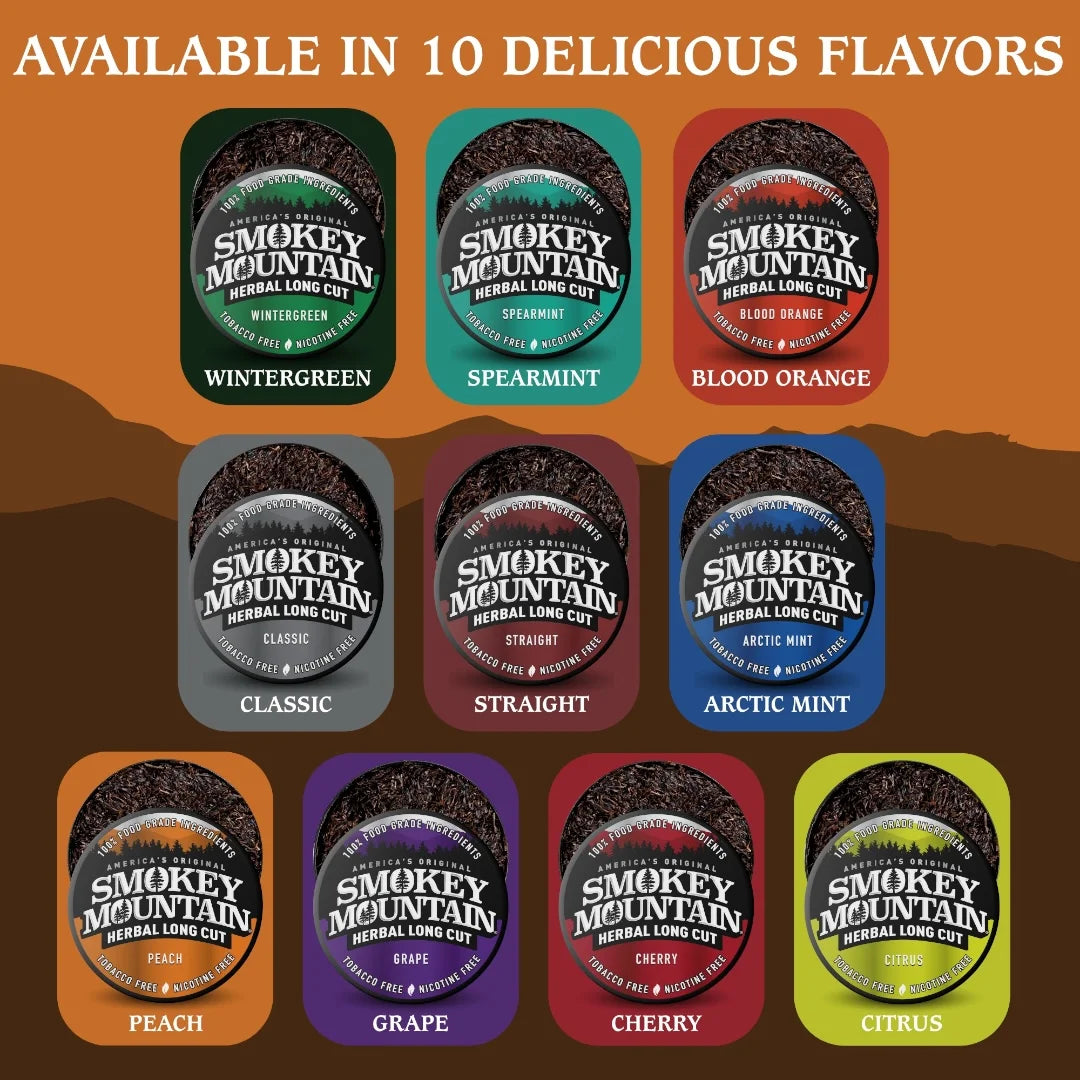 Smokey Mountain herbal long cut product packaging with 10 different flavors on an orange background.