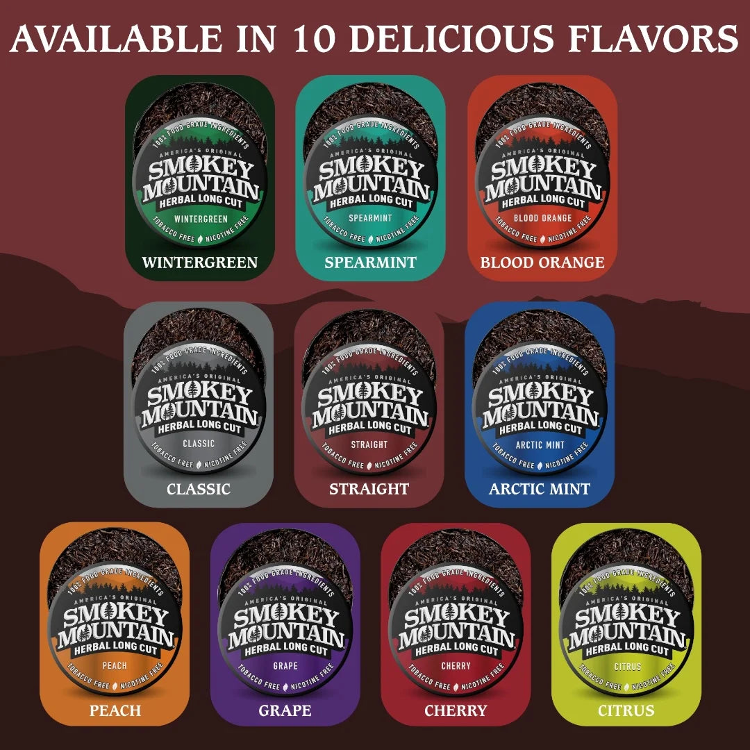 Smokey Mountain herbal long cut product packaging with 10 different flavor options on a red background.