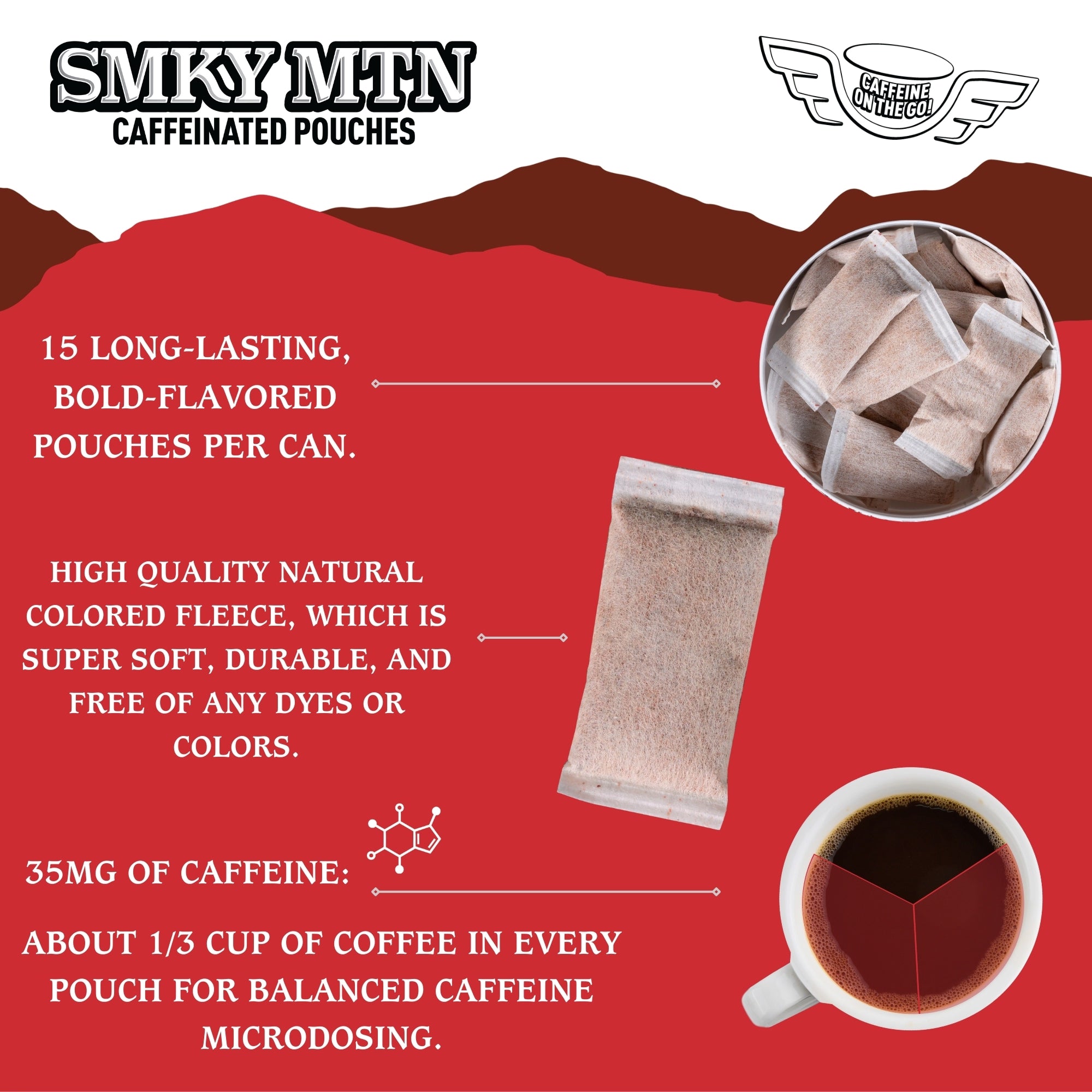 Promotional graphic for Smky MTN caffeinated pouches with product details on a red background.