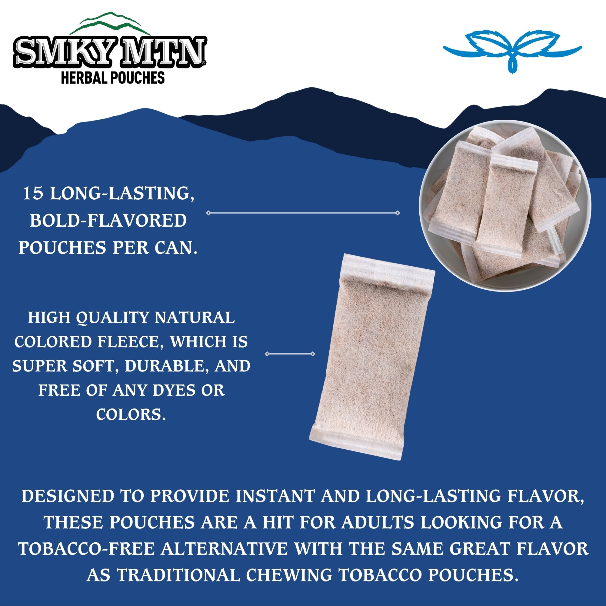 Advertisement for Smokey Mountain Herbal Pouches with product image and text on a blue background