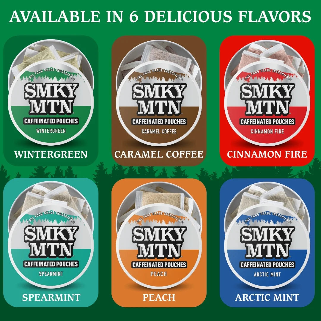 Smky MTN caffeinated pouches in various flavors with colorful labels on a green background.