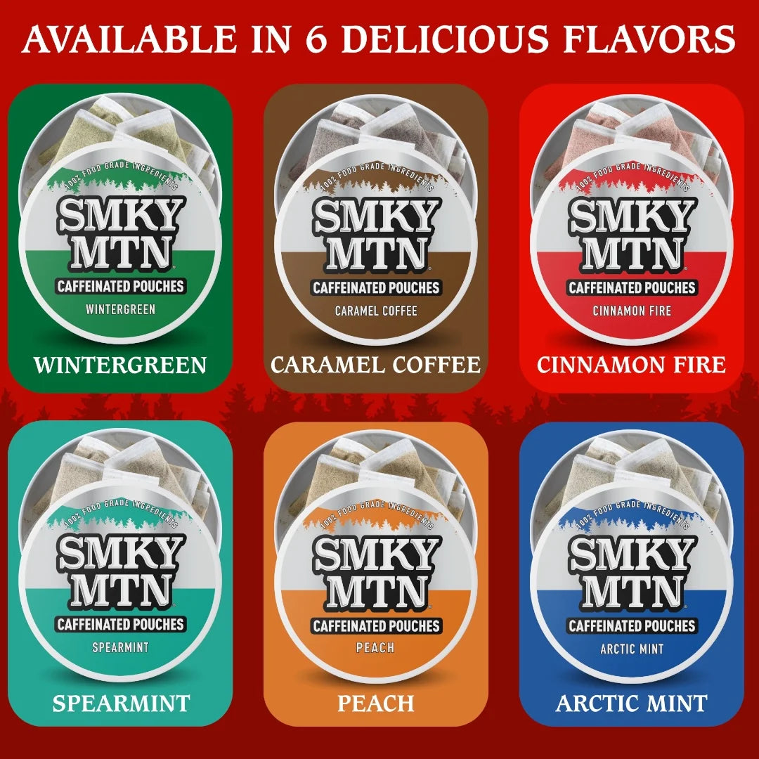 Smky MTN caffeinated pouches in various flavors on a red background