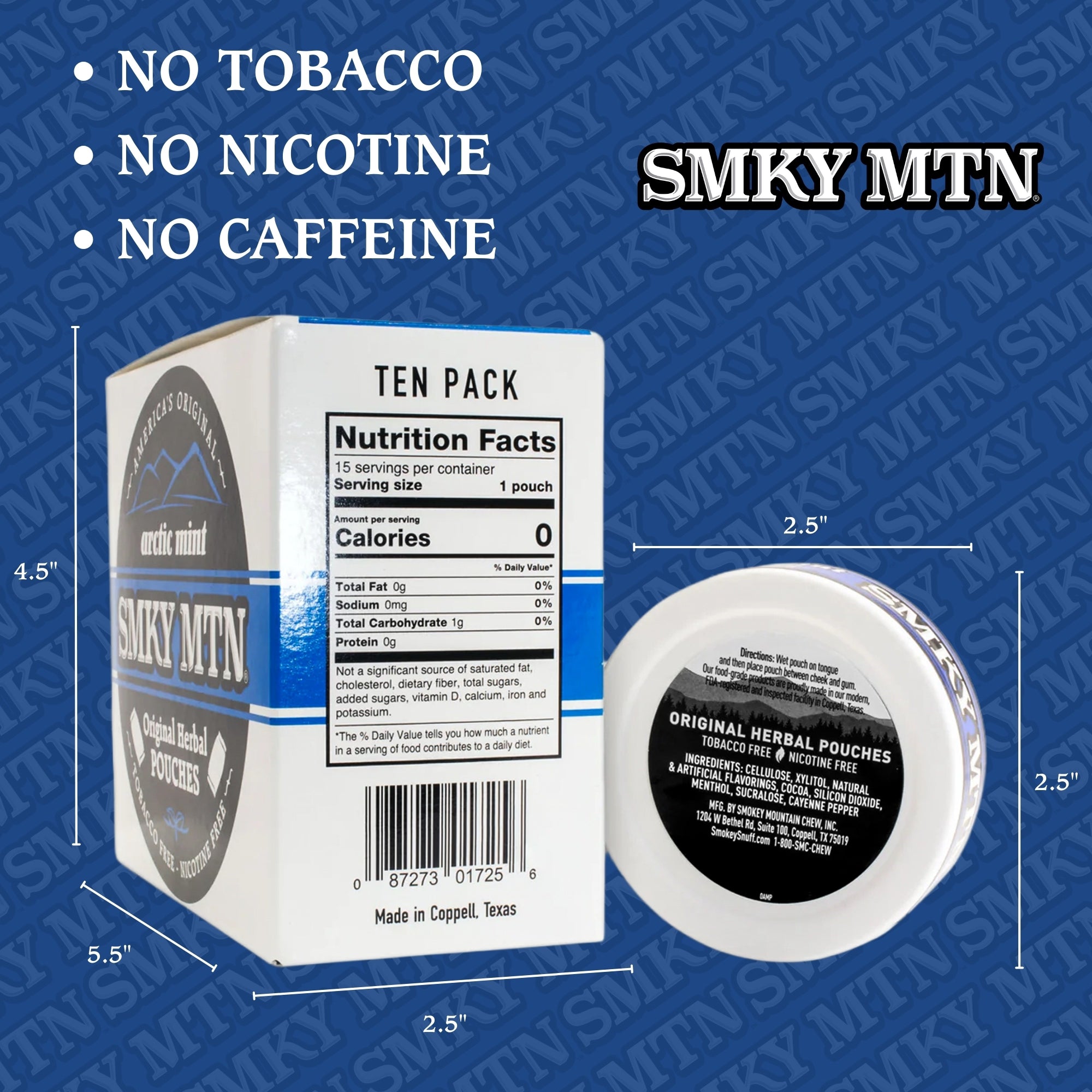 SMKY MTN product packaging with dimensions and text on a blue background