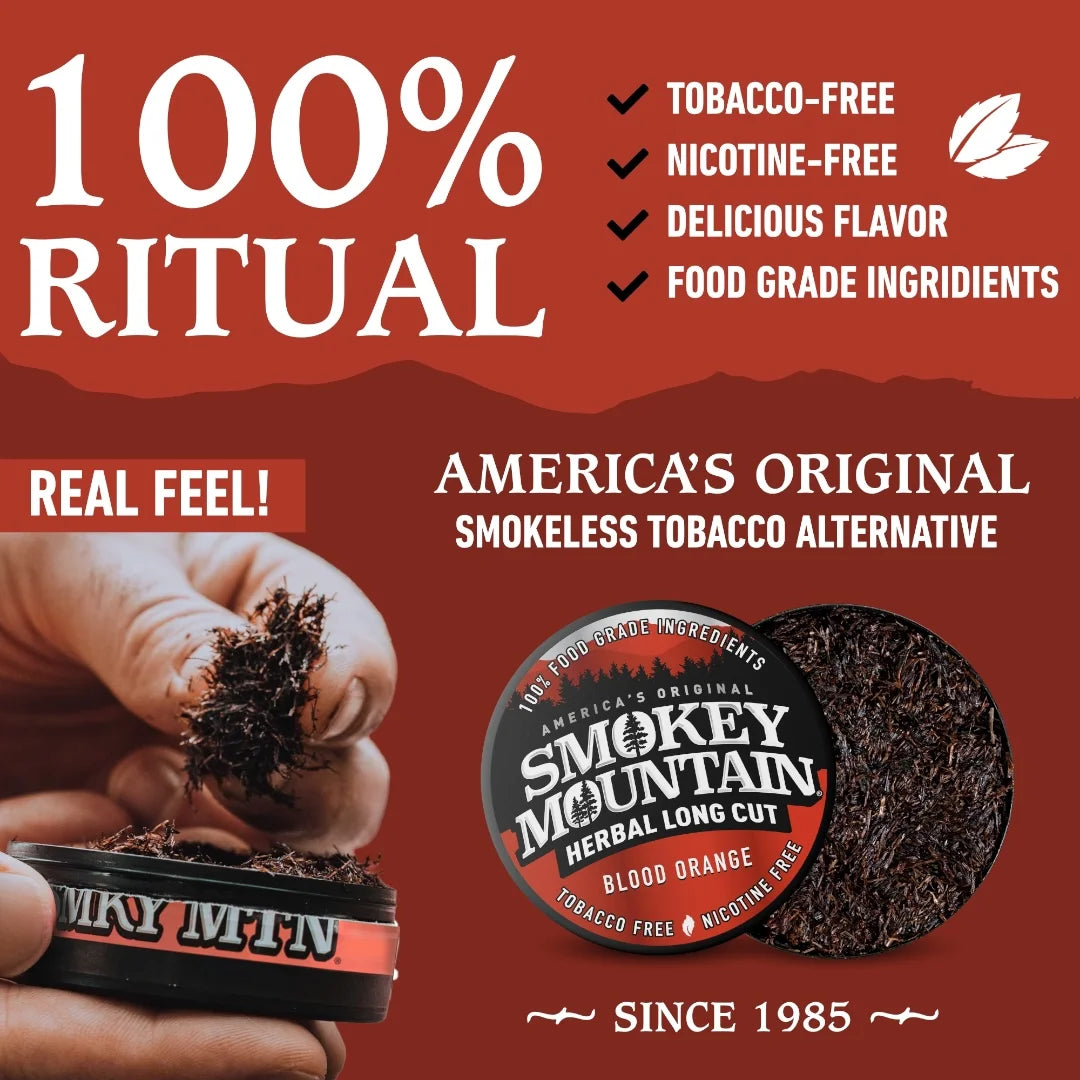 Advertisement for Smokey Mountain Herbal Long Cut with product packaging and text on a red background