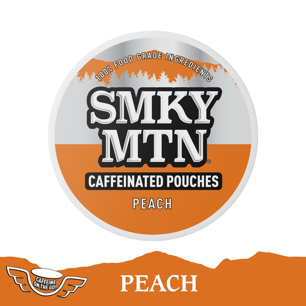 Smky MTN caffeinated pouches label with peach flavor on an orange and white background