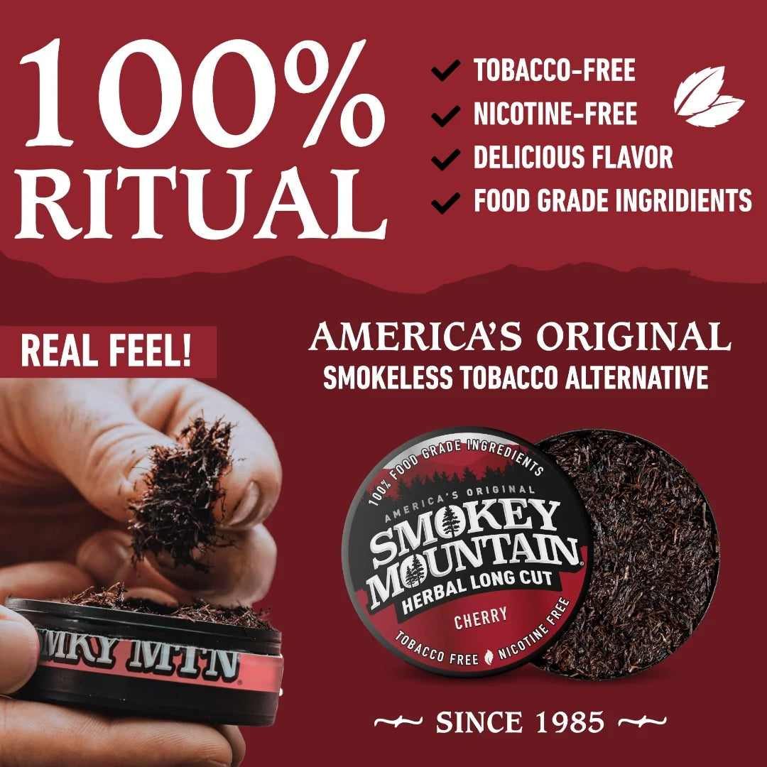 Advertisement for Smokey Mountain Herbal Long Cut Cherry, highlighting features and branding on a red background.